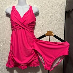 Pink Ruffle Swim Dress With High Wasted Bottoms